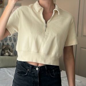 Abercrombie & Fitch Cream Polo Collar Fitted Crop Blouse